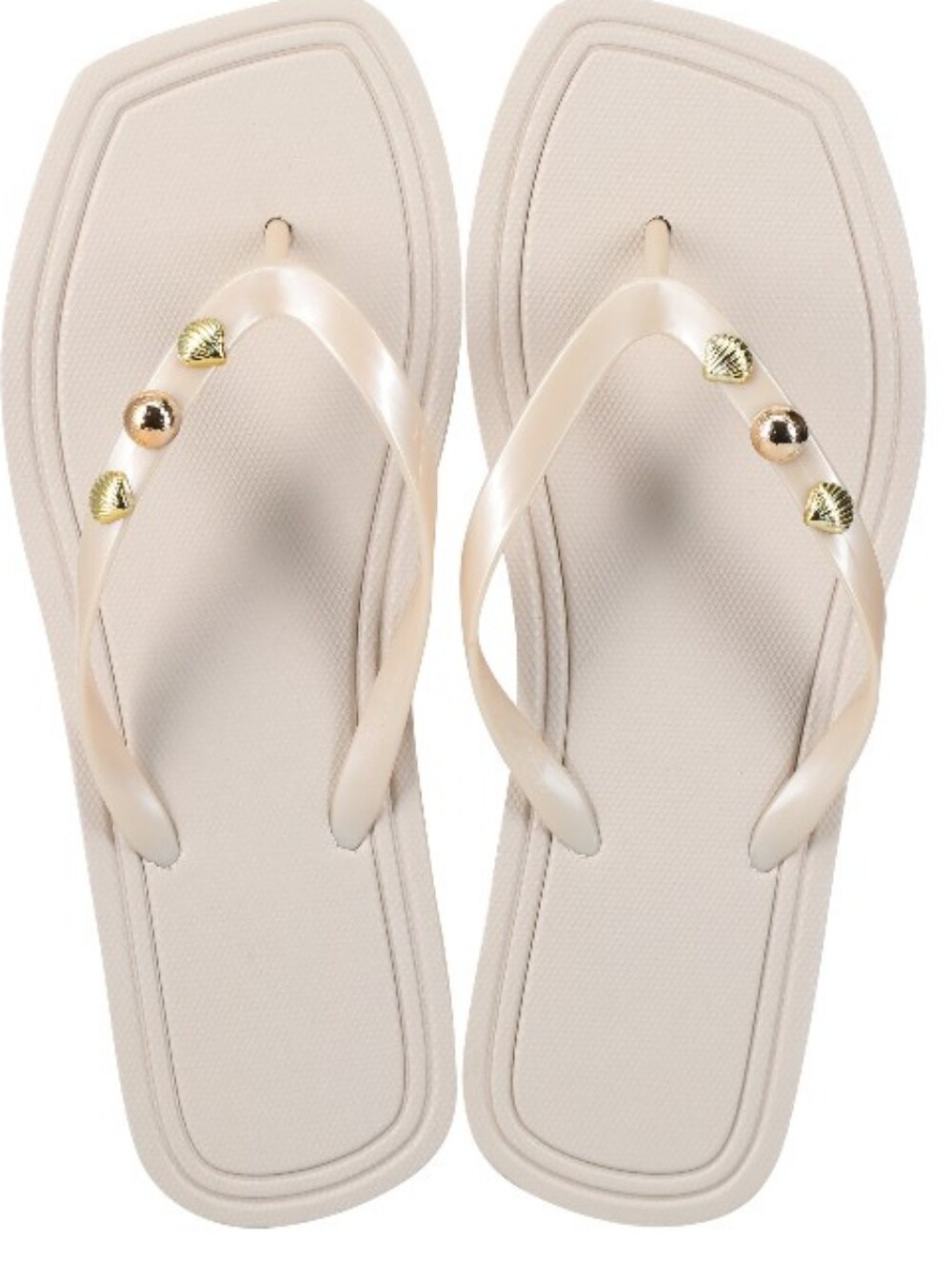 Gold Sea Shell Stud Accents On Pearl White Flip Flop Sandals Size 7/8